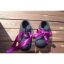 Black slippers with elegant violet ribbon